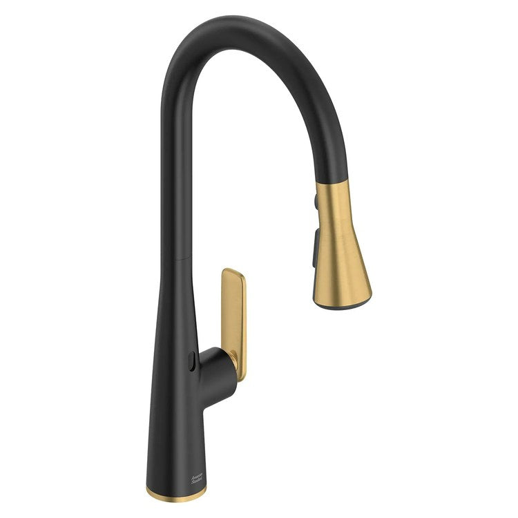 Kitchen Faucet Aspirations with 2 Integral Check Valves 1 Lever ADA Matte Black/Brushed Cool Sunrise Pull Down 3 Function High Arc 360 DEG Swivel 1/3 Hole Deck Selectronic Hands-Free 1.8 Gallons per Minute - Image 1