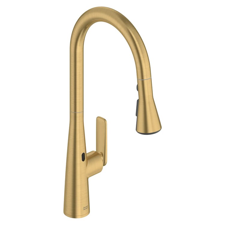 Kitchen Faucet Aspirations with 2 Integral Check Valves 1 Lever ADA Brushed Cool Sunrise Pull Down 3 Function High Arc 360 DEG Swivel 1/3 Hole Deck Selectronic Hands-Free 1.8 Gallons per Minute - Image 1