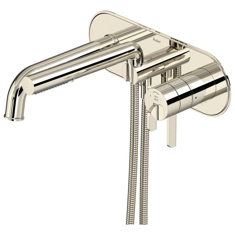 Tub Filler Trim Momenti 2 Lever Brushed Gold ADA 8 Inch Spread Wall Mount 10 Gallons per Minute - Image 1