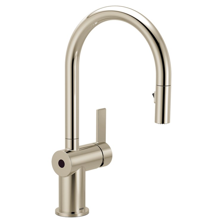 Kitchen Faucet Cia 1 Lever ADA CALGreen Polished Nickel Pull Down High Arc 360 DEG Swivel 1/3 Hole MotionSense Wave 1.5 Gallons per Minute - Image 1
