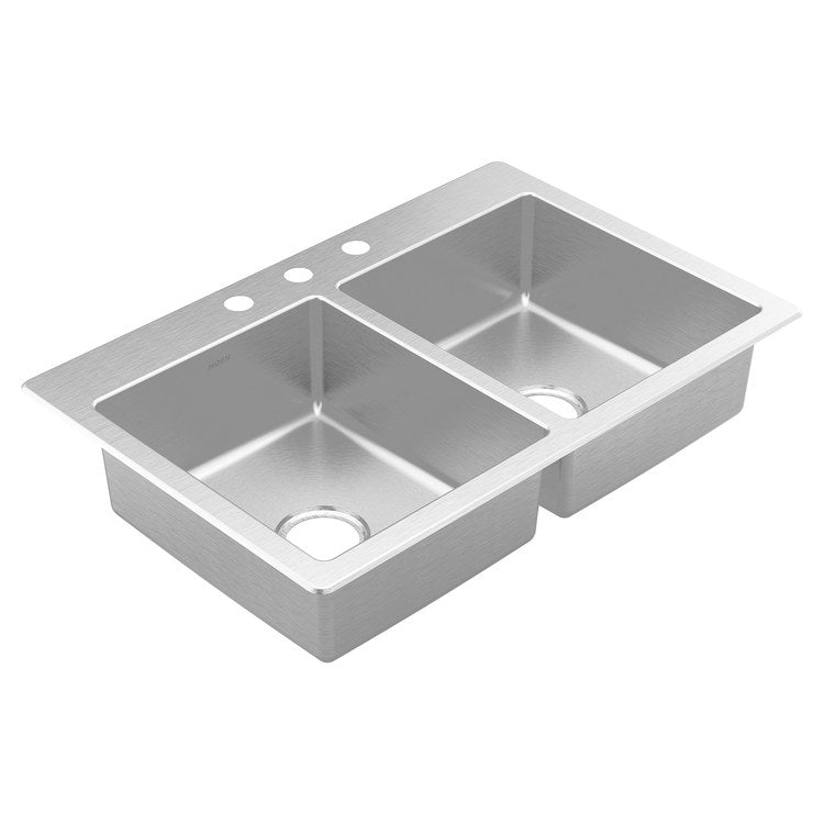 Kitchen Sink Prep 33 x 22 Inch 2 Bowls 3 Hole Stainless Steel Drop-In Rectangle Stainless Steel