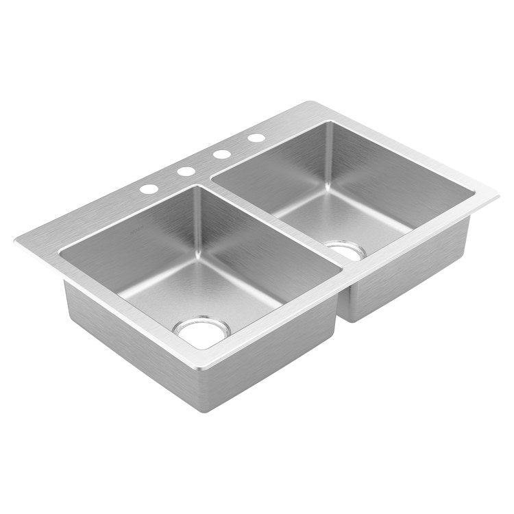 Kitchen Sink Prep 33 x 22 Inch 2 Bowls 4 Hole Stainless Steel Drop-In Rectangle Stainless Steel