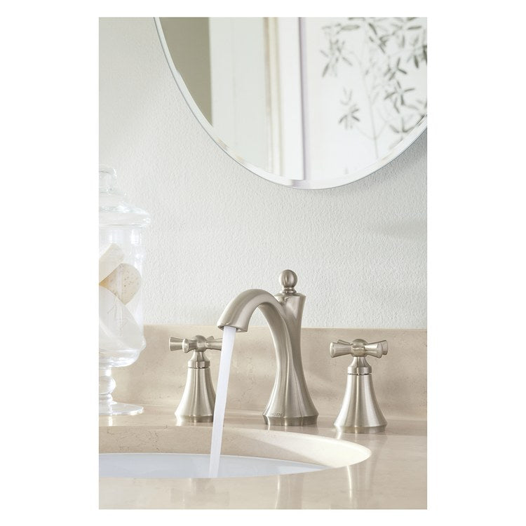 Lavatory Faucet Wynford Widespread 8 to 16 Inch Spread 2 Cross ADA WaterSense Brushed Nickel 1.2 Gallons per Minute High Arc Pop-Up with Lift Rod 3 Hole - Image 2