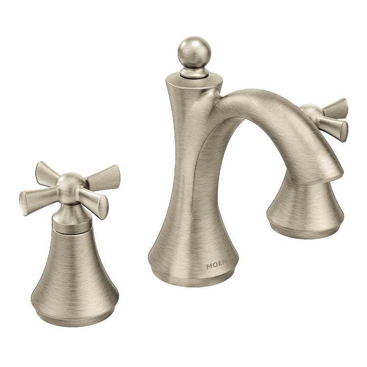 Lavatory Faucet Wynford Widespread 8 to 16 Inch Spread 2 Cross ADA WaterSense Brushed Nickel 1.2 Gallons per Minute High Arc Pop-Up with Lift Rod 3 Hole