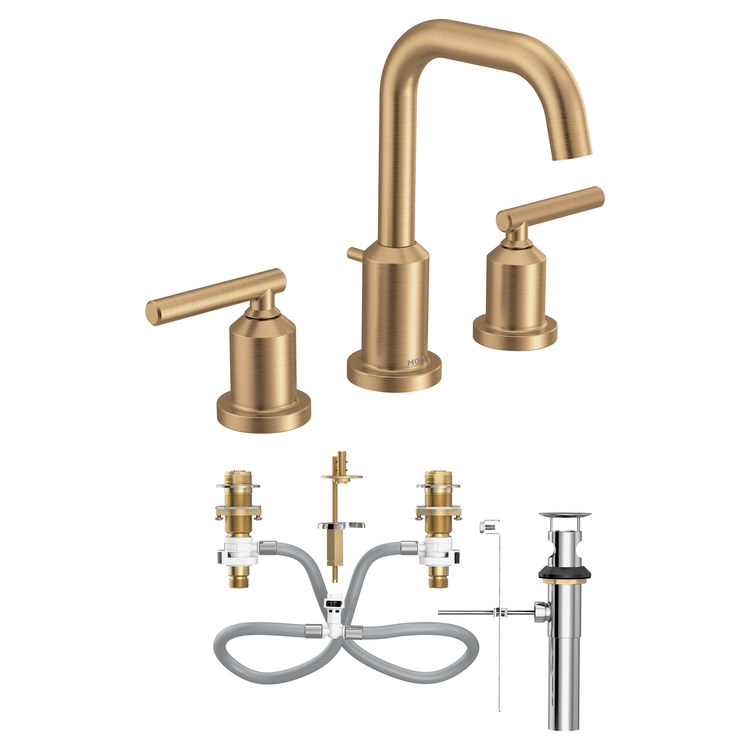 Lavatory Faucet Gibson Widespread 8 to 16 Inch Spread 2 Lever ADA WaterSense Bronzed Gold 1.2 Gallons per Minute High Arc Pop-Up with Lift Rod 3 Hole - Image 1