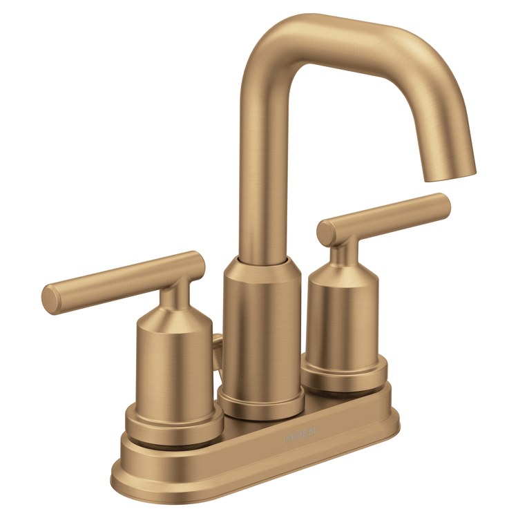 Lavatory Faucet Gibson Centerset 4 Inch Spread 2 Lever ADA WaterSense Bronzed Gold 1.2 Gallons per Minute High Arc Pop-Up 3 Hole