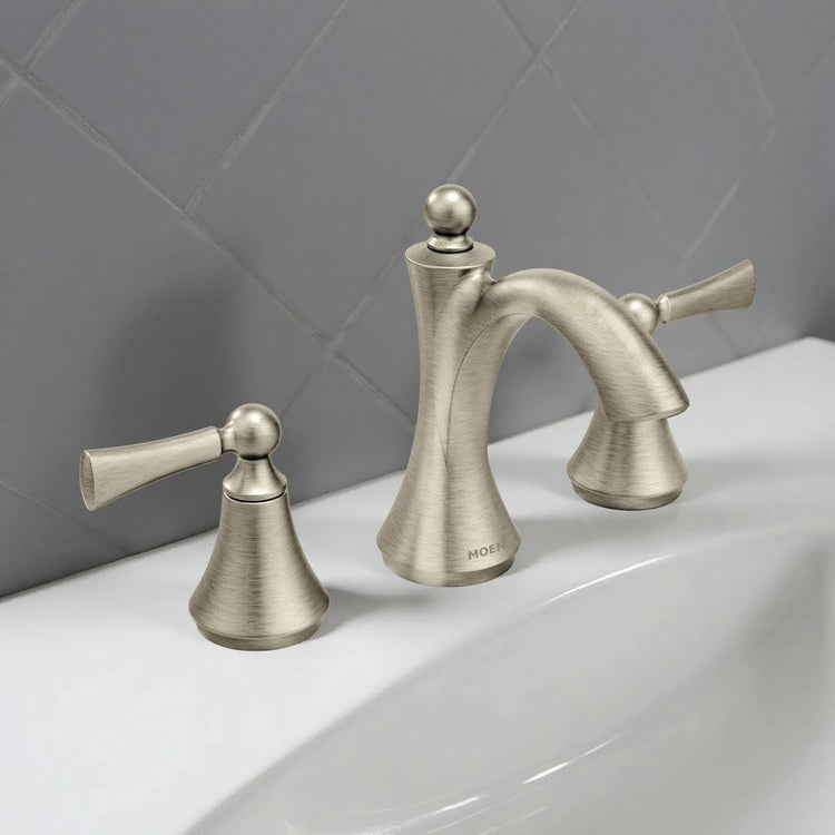 Lavatory Faucet Wynford Widespread 8 to 16 Inch Spread 2 Lever ADA WaterSense Brushed Nickel 1.2 Gallons per Minute High Arc Pop-Up 3 Hole