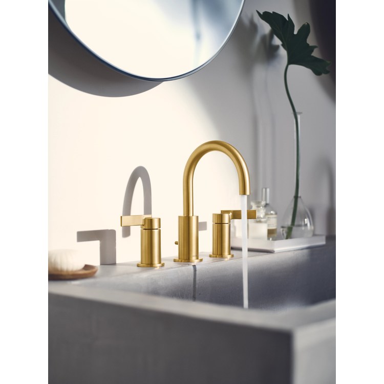 Lavatory Faucet Cia Widespread 8 to 16 Inch Spread 2 Lever ADA WaterSense Brushed Gold 1.2 Gallons per Minute Deck High Arc Pop-Up 3 Hole - Image 2