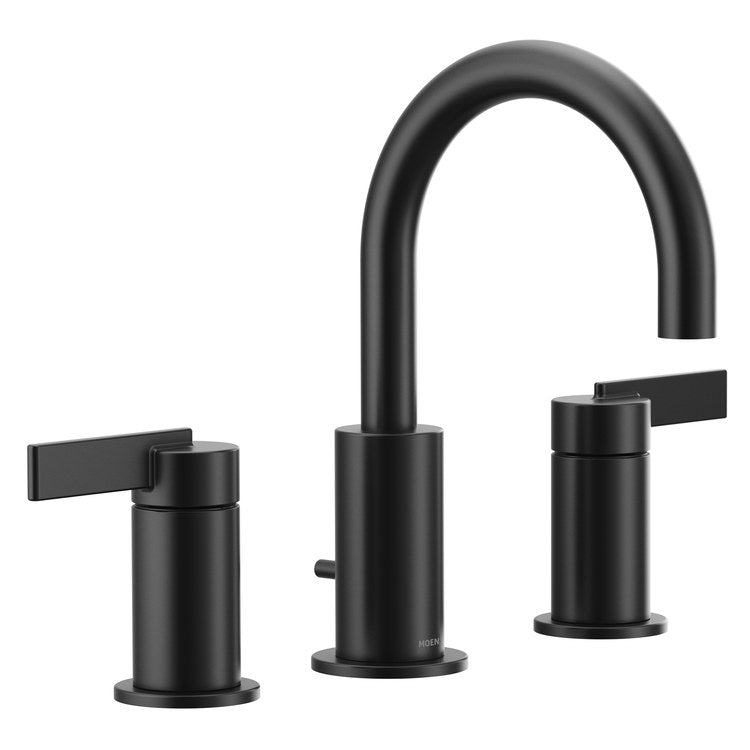 Lavatory Faucet Cia Widespread 8 to 16 Inch Spread 2 Lever ADA WaterSense Matte Black 1.2 Gallons per Minute Deck High Arc Pop-Up 3 Hole - Image 1