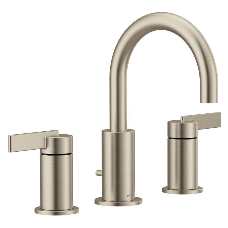 Lavatory Faucet Cia Widespread 8 to 16 Inch Spread 2 Lever ADA WaterSense Brushed Nickel 1.2 Gallons per Minute Deck High Arc Pop-Up 3 Hole - Image 1