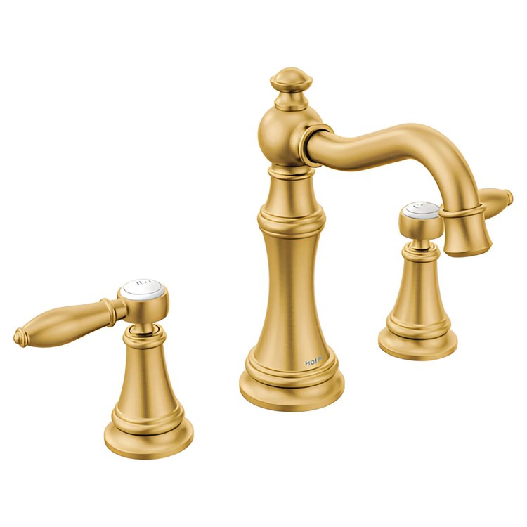 Lavatory Faucet Weymouth Widespread 8 to 16 Inch Spread 2 Lever ADA WaterSense Brushed Gold 1.2 Gallons per Minute High Arc Pop-Up 3 Hole - Image 1