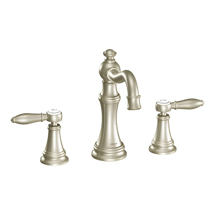 Lavatory Faucet Weymouth Widespread 8 to 16 Inch Spread 2 Lever ADA WaterSense Brushed Nickel 1.2 Gallons per Minute High Arc Pop-Up 3 Hole - Image 1