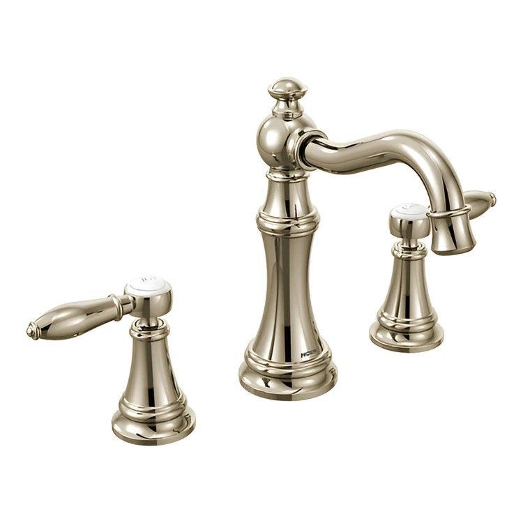 Lavatory Faucet Weymouth Widespread 8 to 16 Inch Spread 2 Lever ADA WaterSense Polished Nickel 1.2 Gallons per Minute High Arc Pop-Up 3 Hole - Image 1