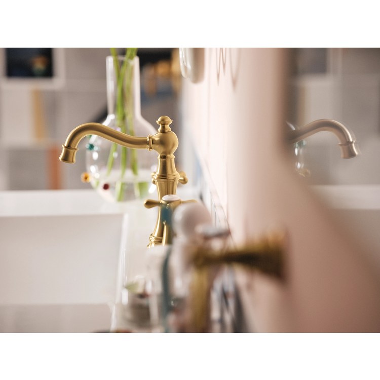 Lavatory Faucet Weymouth Widespread 8 to 16 Inch Spread 2 Cross WaterSense Brushed Gold 1.2 Gallons per Minute High Arc Pop-Up 3 Hole - Image 2
