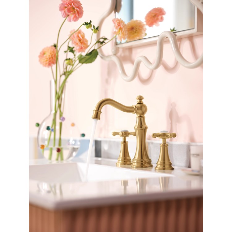 Lavatory Faucet Weymouth Widespread 8 to 16 Inch Spread 2 Cross WaterSense Brushed Gold 1.2 Gallons per Minute High Arc Pop-Up 3 Hole - Image 3