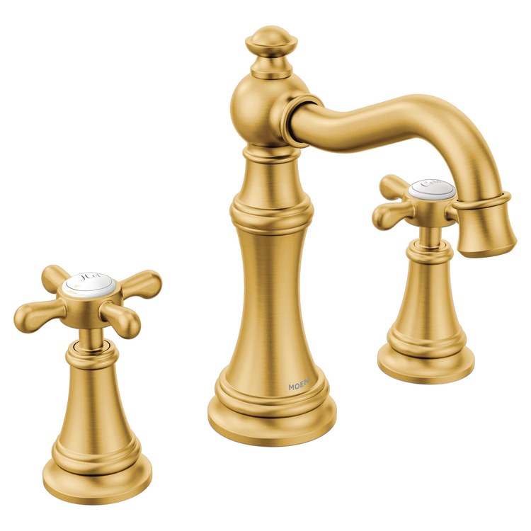 Lavatory Faucet Weymouth Widespread 8 to 16 Inch Spread 2 Cross WaterSense Brushed Gold 1.2 Gallons per Minute High Arc Pop-Up 3 Hole - Image 1
