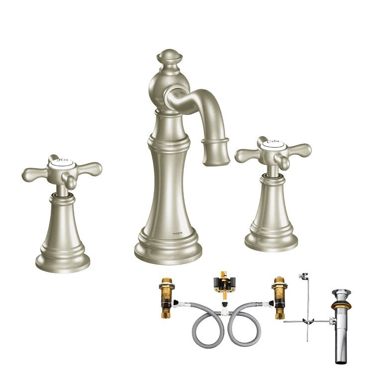 Lavatory Faucet Weymouth Widespread 8 to 16 Inch Spread 2 Cross WaterSense Brushed Nickel 1.2 Gallons per Minute High Arc Pop-Up 3 Hole - Image 2