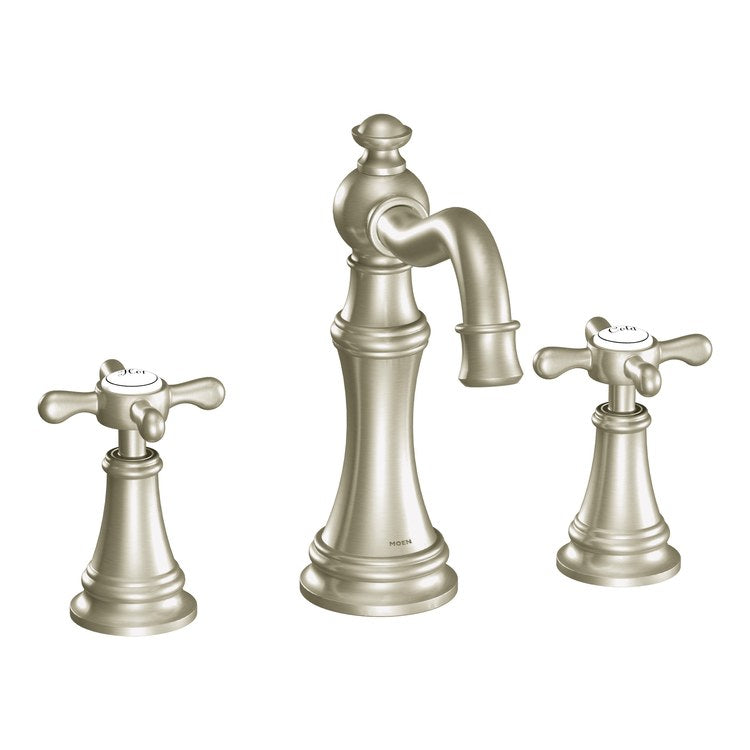 Lavatory Faucet Weymouth Widespread 8 to 16 Inch Spread 2 Cross WaterSense Brushed Nickel 1.2 Gallons per Minute High Arc Pop-Up 3 Hole - Image 1
