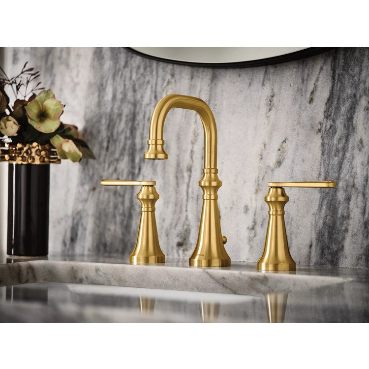 Lavatory Faucet Colinet Widespread 8 to 16 Inch Spread 2 Lever ADA WaterSense Brushed Gold 1.2 Gallons per Minute High Arc Pop-Up 3 Hole - Image 2