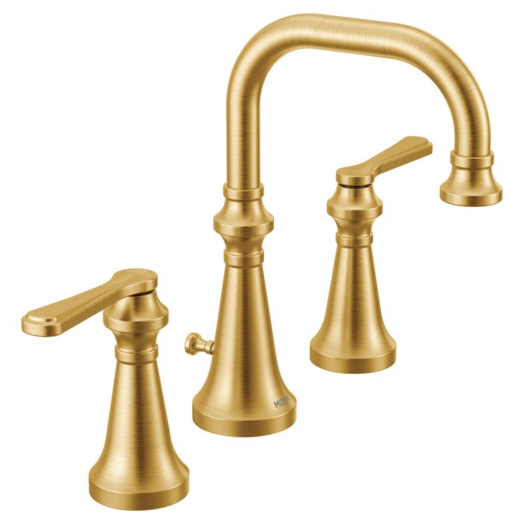 Lavatory Faucet Colinet Widespread 8 to 16 Inch Spread 2 Lever ADA WaterSense Brushed Gold 1.2 Gallons per Minute High Arc Pop-Up 3 Hole - Image 1