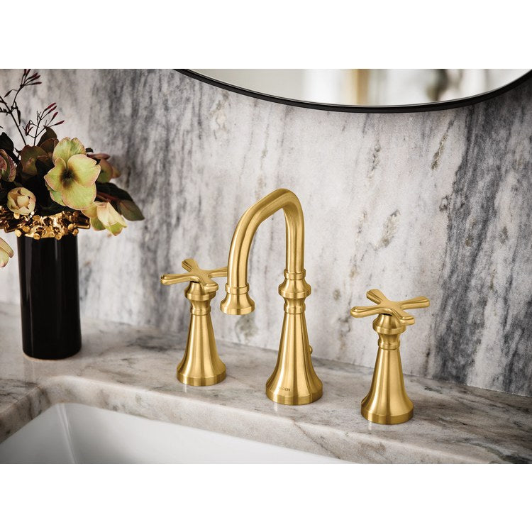 Lavatory Faucet Colinet Widespread 8 to 16 Inch Spread 2 Cross WaterSense Brushed Gold 1.2 Gallons per Minute High Arc Pop-Up 3 Hole - Image 2