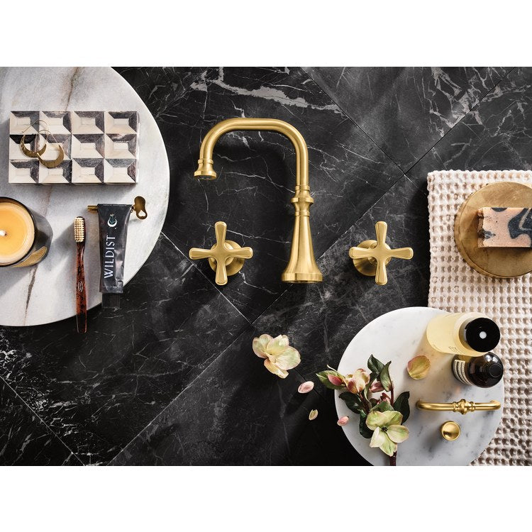 Lavatory Faucet Colinet Widespread 8 to 16 Inch Spread 2 Cross WaterSense Brushed Gold 1.2 Gallons per Minute High Arc Pop-Up 3 Hole - Image 3