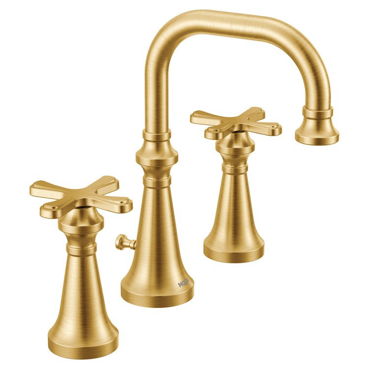 Lavatory Faucet Colinet Widespread 8 to 16 Inch Spread 2 Cross WaterSense Brushed Gold 1.2 Gallons per Minute High Arc Pop-Up 3 Hole - Image 1