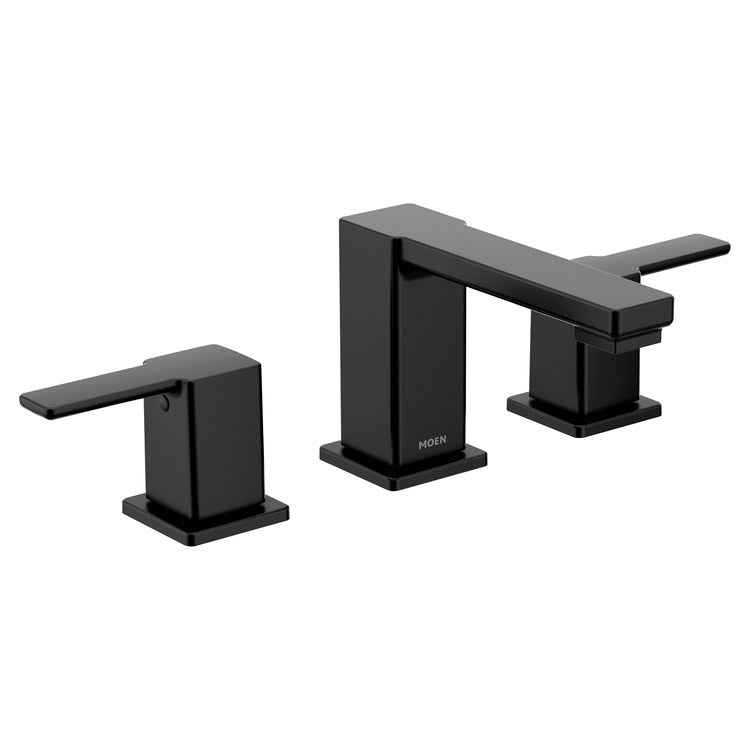 Lavatory Faucet 90 Degree Widespread 8 to 16 Inch Spread 2 Lever ADA WaterSense Matte Black 1.2 Gallons per Minute Low Arc Lift Rod 3 Hole