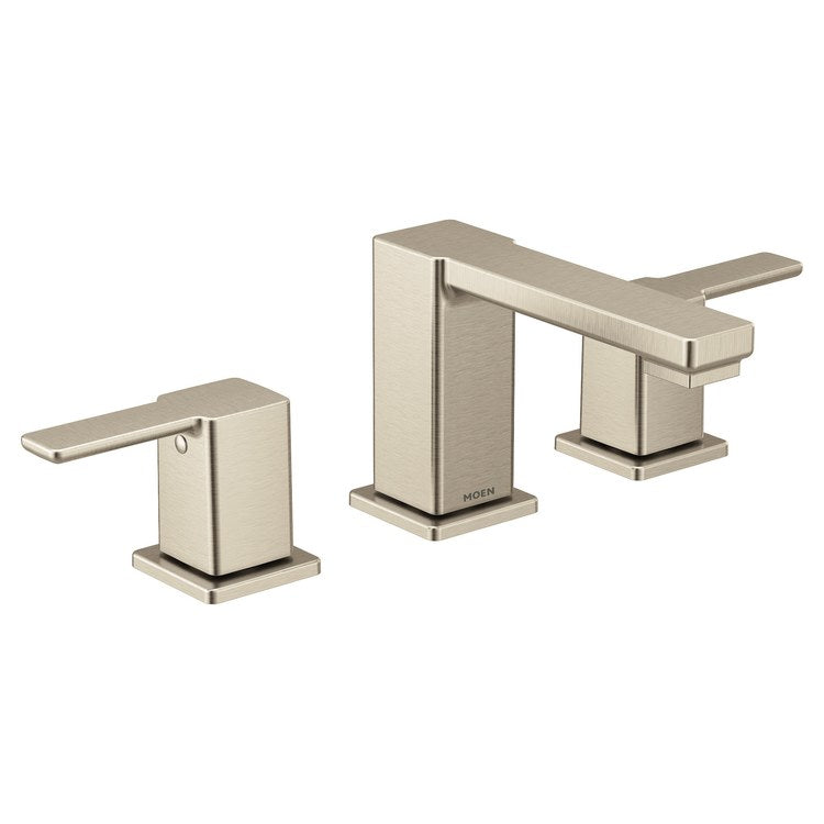 Lavatory Faucet 90 Degree Widespread 8 to 16 Inch Spread 2 Lever ADA WaterSense Brushed Nickel 1.2 Gallons per Minute Low Arc Lift Rod 3 Hole