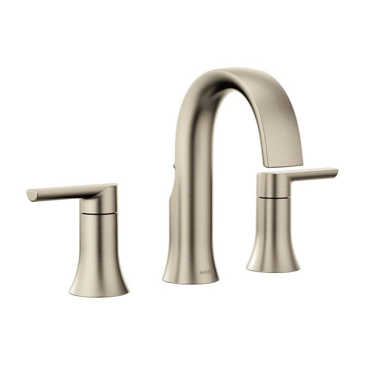 Lavatory Faucet Doux Widespread 8 to 16 Inch Spread 2 Lever ADA WaterSense Brushed Nickel 1.2 Gallons per Minute High Arc Lift Rod 3 Hole - Image 1