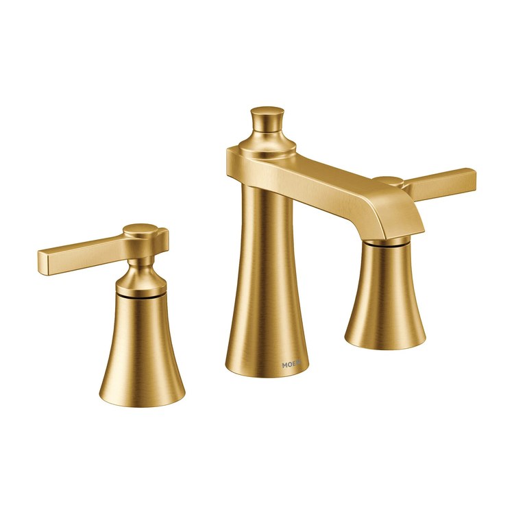 Lavatory Faucet Flara Widespread 8 to 16 Inch Spread 2 Lever ADA WaterSense Brushed Gold 1.2 Gallons per Minute High Arc Pop-Up 3 Hole - Image 1