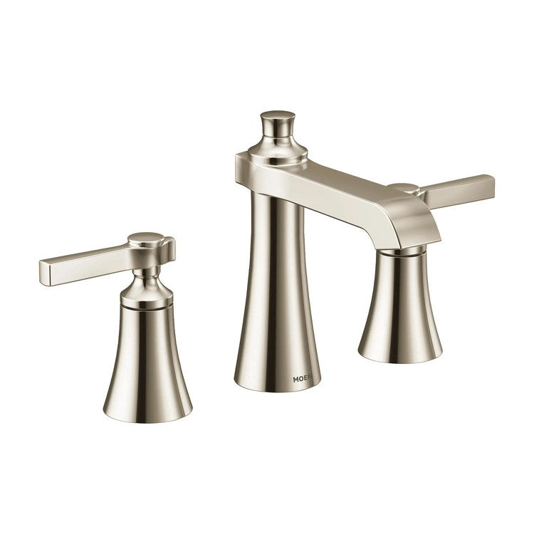 Lavatory Faucet Flara Widespread 8 to 16 Inch Spread 2 Lever ADA WaterSense Polished Nickel 1.2 Gallons per Minute High Arc Pop-Up 3 Hole - Image 1