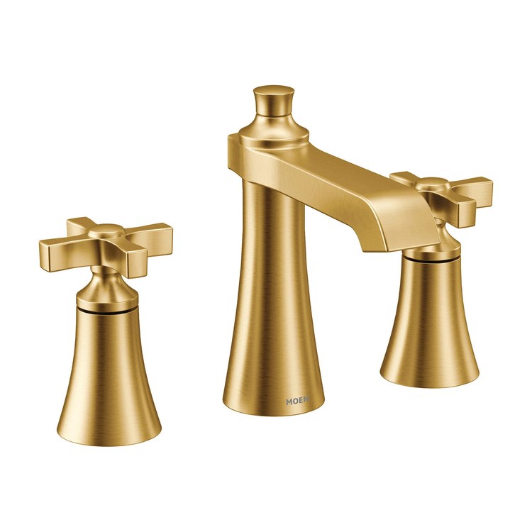 Lavatory Faucet Flara Widespread 8 to 16 Inch Spread 2 Cross WaterSense Brushed Gold 1.2 Gallons per Minute High Arc Pop-Up 3 Hole - Image 1