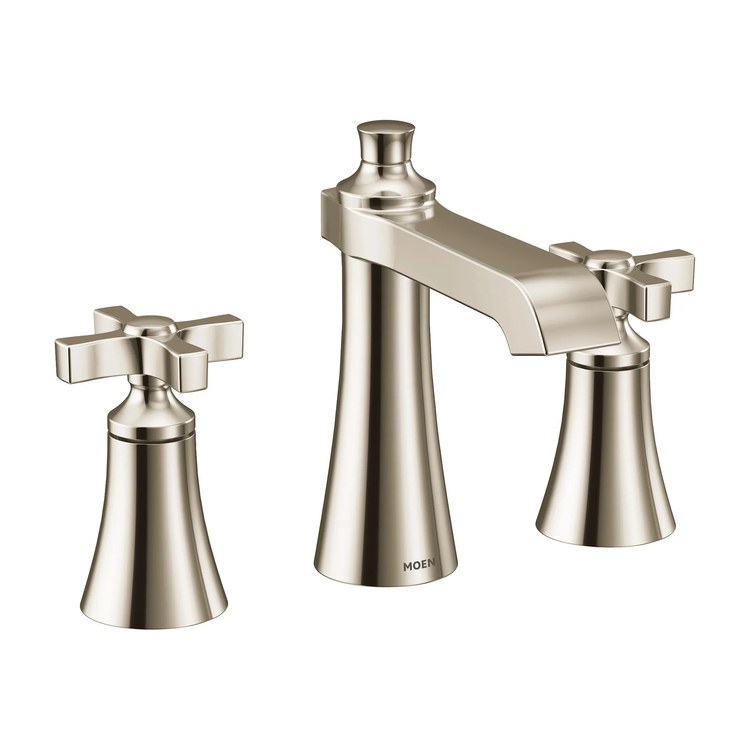 Lavatory Faucet Flara Widespread 8 to 16 Inch Spread 2 Cross WaterSense Polished Nickel 1.2 Gallons per Minute High Arc Pop-Up 3 Hole - Image 1