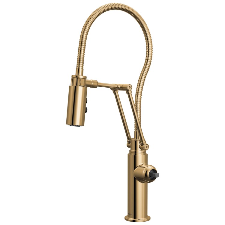 Kitchen Faucet Odin with Finished Hose Less Handle ADA Brilliance Polished Gold Pull Down 2 Function Articulating Arm 360 DEG Swivel 1/3 Hole Deck 1.8 Gallons per Minute - Image 1