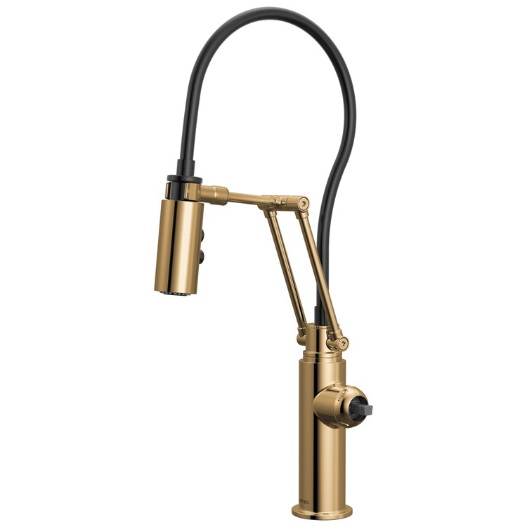 Kitchen Faucet Odin Less Handle ADA Brilliance Polished Gold Pull Down 2 Function Articulating Arm 360 DEG Swivel 1/3 Hole Deck 1.8 Gallons per Minute - Image 1