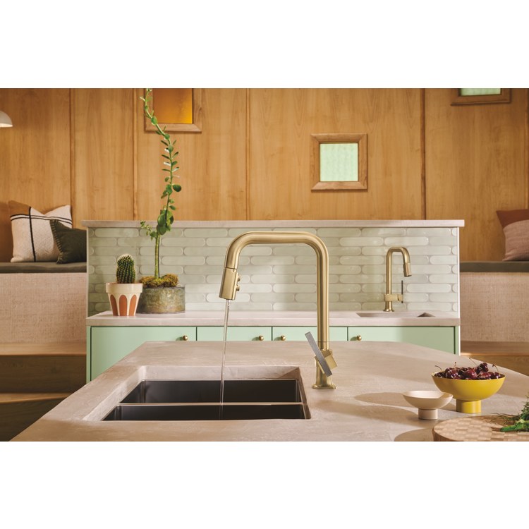Prep Faucet Frank Lloyd Wright with Wood Wand Less Handle Brilliance Luxe Gold Pull Down Square 360 DEG Swivel 1.8 Gallons per Minute - Image 2