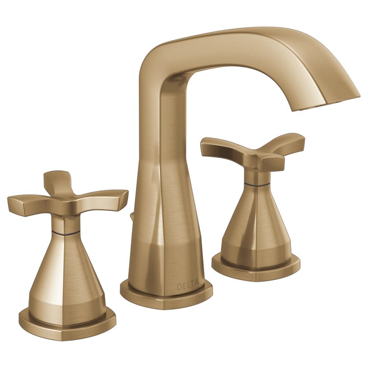 Lavatory Faucet Stryke Widespread 4 To 16 Inch Spread 2 Cross ADA WaterSense Lumicoat Champagne Bronze 1.2 Gallons per Minute Deck Metal Pop-Up 3 Hole Diamond Seal