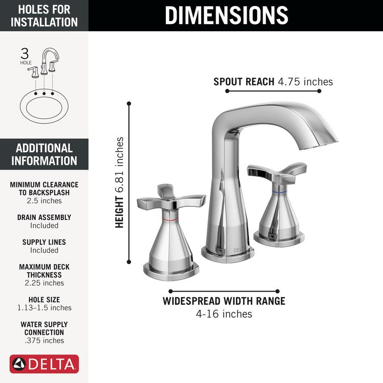 Lavatory Faucet Stryke Widespread 4 To 16 Inch Spread 2 Cross ADA WaterSense Lumicoat Chrome 1.2 Gallons per Minute Deck Metal Pop-Up 3 Hole Diamond Seal - Image 2