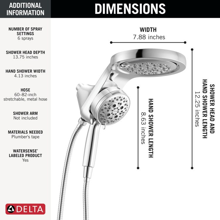 Handshower Combination Universal 2-In-1 6 Functions Lumicoat Chrome WaterSense 6 Inch - Image 2