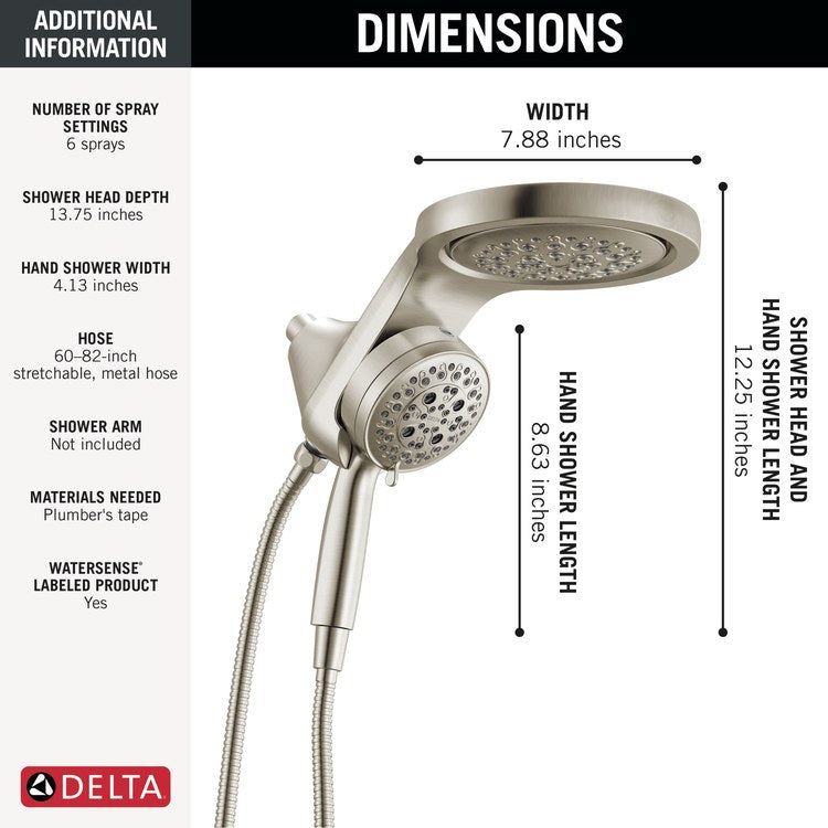 Handshower Combination Universal 2-In-1 6 Functions Lumicoat Stainless WaterSense 6 Inch - Image 2
