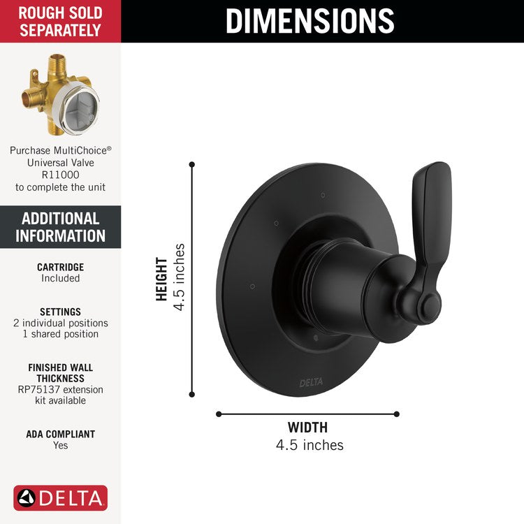 Diverter Trim Woodhurst 2 Port 3 Functions Matte Black 1 Lever ADA for R11000 Rough-In - Image 2