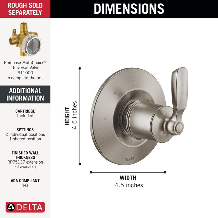 Diverter Trim Woodhurst 2 Port 3 Functions Stainless 1 Lever ADA for R11000 Rough-In - Image 2