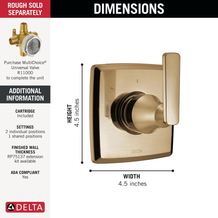 Diverter Trim Ashlyn 2 Port 3 Functions Brilliance Champagne Bronze 1 Lever ADA for R11000 Rough-In - Image 2