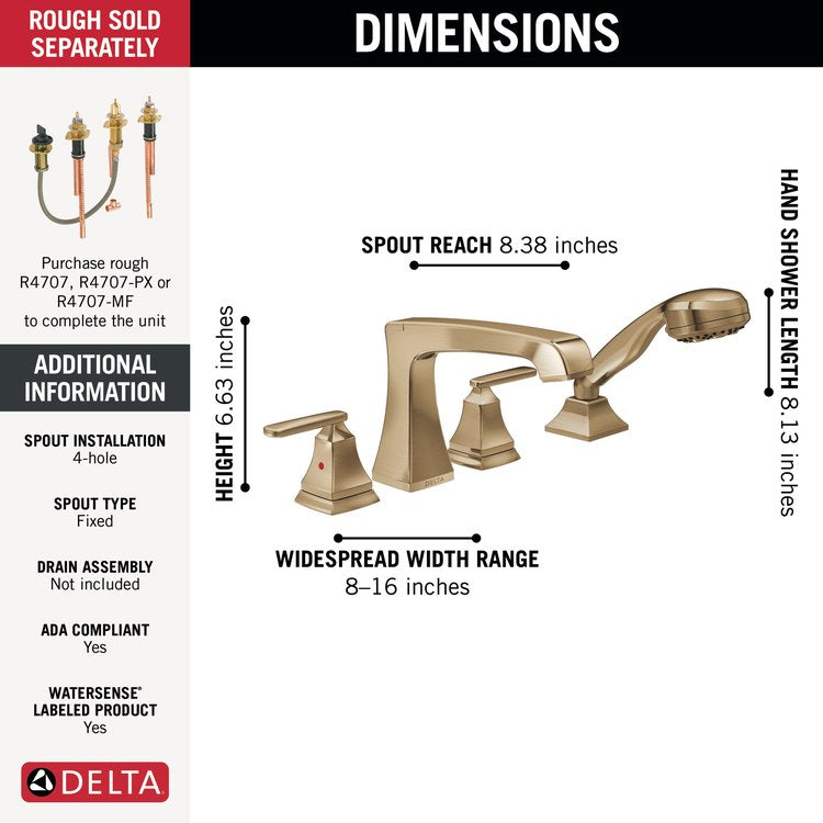 Roman Tub Trim Ashlyn with Handshower 2 Lever Brilliance Champagne Bronze WaterSense ADA 8 To 16 Inch Spread 4 Hole for Rough-In R4707/R4707-PX/R4707-MF - Image 2