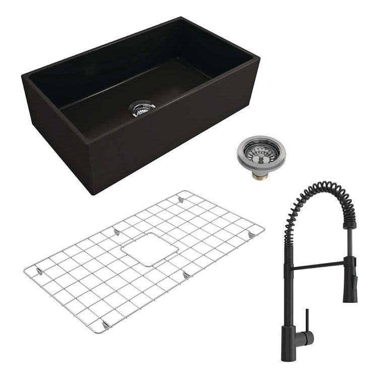 Kitchen Sink Contempo 33 x 19 Inch 1 Bowls Apron Front Matte Black Farmhouse Rectangle Fireclay