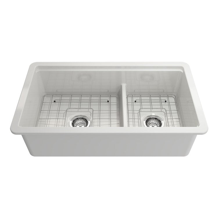 Kitchen Sink Sotto Step-Rim 34 x 19 Inch 2 Bowls White Undermount Rectangle Fireclay - Image 1