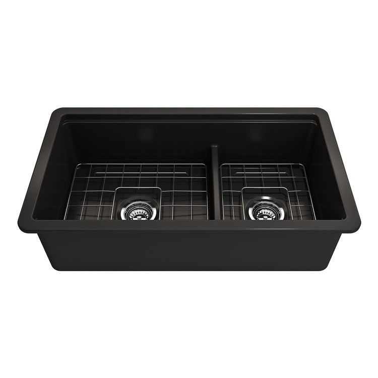 Kitchen Sink Sotto Step-Rim 34 x 19 Inch 2 Bowls Matte Black Undermount Rectangle Fireclay - Image 1