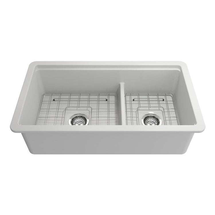 Kitchen Sink Sotto Step-Rim 34 x 19 Inch 2 Bowls Matte White Undermount Rectangle Fireclay