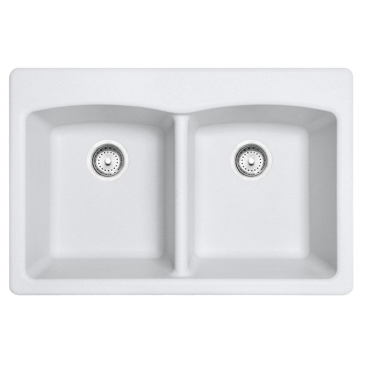 Kitchen Sink Ellipse 33 x 22 Inch 2 Bowls Equal 1-4 Hole Polar White Topmount/Undermount Rectangle Granite